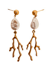 Učitaj sliku u preglednik galerije, Elevate your summer style with these stunning handmade statement earrings, featuring a bold combination of a lustrous natural freshwater pearl and a striking coral drop. Crafted from gold-plated stainless steel for durability and shine, these lightweight yet eye-catching earrings blend elegance with a touch of coastal charm—perfect for any occasion.