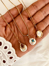 Load image into Gallery viewer, Flat lay of pearl turquoise necklace with stainless steel chain