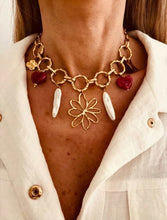 Load image into Gallery viewer, NOELA - Handmade Stainless Steel Charm Necklace with Flower Outline, Freshwater Pearls & Red Heart Accents