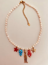 Load image into Gallery viewer, SKYLAR freshwater pearl necklace featuring colourful ocean-inspired charms and gold plated stainless steel details.