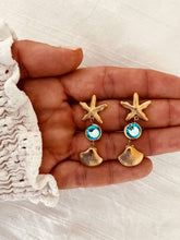 Load image into Gallery viewer, ABIGAIL statement earrings featuring a gold starfish, turquoise crystal and shell charm
