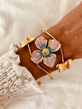 Load image into Gallery viewer, Close-up of butterfly and purple flower enamel showcasing vibrant color and feminine design