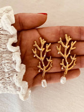 Load image into Gallery viewer, Coral-inspired statement earrings featuring zircon accents and a freshwater pearl.