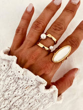 Load image into Gallery viewer, Adjustable pearl statement ring styled with a mother of pearl ring for an elegant layered jewellery look