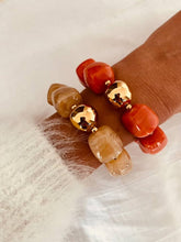 Load image into Gallery viewer, Coral Marble and Taupe Marble IZZA bracelets layered together for a modern colourful bracelet stack.