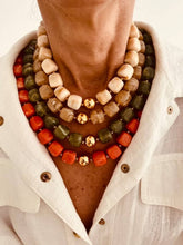 Učitaj sliku u preglednik galerije, Cream Marble, Coral Marble, Taupe Marble and Olive Marble necklaces arranged side by side to showcase every available colour.
