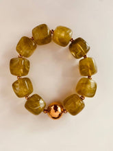 Load image into Gallery viewer, IZZA Olive Marble bracelet with chunky olive green marbled resin beads and elegant polished gold accents.