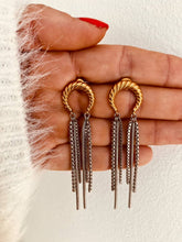 Učitaj sliku u preglednik galerije, Moon tassel threader earrings in 18K gold plated stainless steel shown from front angle highlighting minimalist elegant jewelry design