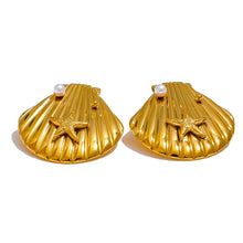 Load image into Gallery viewer, Add a touch of seaside elegance to your look with these gold shell shape stud earrings, perfect for fashion-forward women. Plated in 18K gold, these stylish earrings feature delicate shell shape adorned with a little pearl and a starfish, capturing the carefree spirit of a holiday by the ocean.