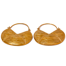 Load image into Gallery viewer, These vintage-inspired hoop earrings are crafted from rust-proof, lightweight stainless steel with an elegant 18K gold plating, offering both durability and a luxurious finish. Their textured surface adds subtle dimension, blending a modern geometric look with timeless appeal. Ideal for those who love understated elegance, these earrings make versatile accessories for any occasion, pairing effortlessly with both casual and dressy styles.