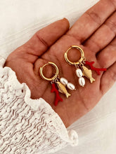 Load image into Gallery viewer, SAMANTHA hoop earrings with coral, freshwater pearls and a fish charm.