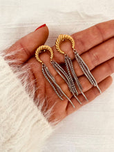Učitaj sliku u preglednik galerije, Moon tassel threader earrings displayed on neutral background showcasing clean contemporary jewelry aesthetic