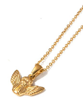 Load image into Gallery viewer, Close up of angel pendant on 18K gold plated necklace