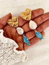 Load image into Gallery viewer, Elegant summer earrings with textured heart studs, freshwater pearls and blue fish details