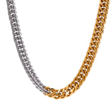 Load image into Gallery viewer, Close up of bold mixed metal chain necklace with thick gold and silver links