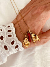 Load image into Gallery viewer, Unique charm necklace featuring red chili, hand symbol, and heart pendant