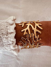 Load image into Gallery viewer, Coral statement cuff bracelet featuring a sculptural coral-inspired design and luxurious gold-plated finish