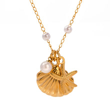 Load image into Gallery viewer, gold plated chain necklace with pearl accents close up elegant summer jewelry