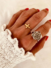 Load image into Gallery viewer, Elegant adjustable cross ring with modern minimalist styling and symbolic meaning