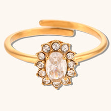 Load image into Gallery viewer, Elegant adjustable ring with oval zircon centerpiece and feminine flower-inspired accents