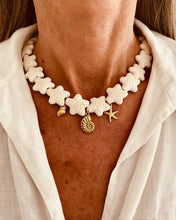 Load image into Gallery viewer, Coastal necklace with white star beads and gold sea charms