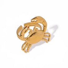 Load image into Gallery viewer, Adjustable gold crab ring with bold statement design and luxurious coastal aesthetic