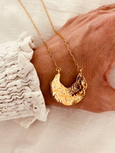 Load image into Gallery viewer, Gold crescent moon necklace with textured pendant front view