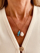 Load image into Gallery viewer, Elegant necklace with natural freshwater pearl and blue fish pendant inspired by Mediterranean coastal style