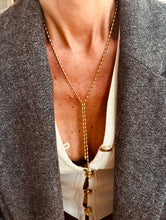 Load image into Gallery viewer, Elegant gold Y-shaped chain necklace featuring pearl fringe accents and polished stainless steel finish.