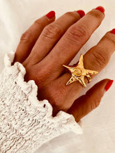 Load image into Gallery viewer, Kelula starfish statement ring featuring a bold gold-plated starfish design inspired by ocean and coastal living