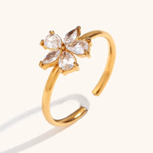 Load image into Gallery viewer, Elegant adjustable floral ring with shimmering zircon stones and gold-plated finish