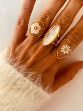 Load image into Gallery viewer, Gold stainless steel adjustable ring with delicate flower inside oval resin setting