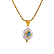 Load image into Gallery viewer, Close-up of pearl turquoise necklace showing natural pearl and blue stone