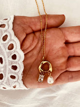Load image into Gallery viewer, gold pendant necklace with pearl and zirconia front view