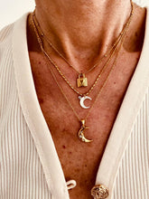 Load image into Gallery viewer, romantic gold moon necklace styled for evening outfit