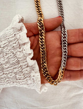 Load image into Gallery viewer, Detail of stainless steel statement chain necklace with two tone gold and silver finish