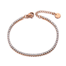 Load image into Gallery viewer, Rose gold tennis bracelet displayed on neutral background highlighting soft elegant style