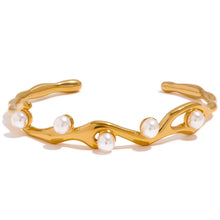 Load image into Gallery viewer, KYLEA - Yhpup Elegant Imitation Pearls Gold Color Stainless Steel Twist Cuff Bracelet Bangle Waterproof Charm Jewelry for Women Gift