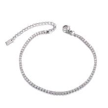 Load image into Gallery viewer, Silver tennis bracelet showing polished finish and delicate crystal structure