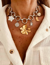 Load image into Gallery viewer, NOELITA - Handmade Silver Stainless Steel Necklace with Gold Flower, Freshwater Flower &amp; Mixed Metal Charms
