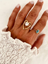 Load image into Gallery viewer, Adjustable heart shaped ring with clear crystal centre and textured gold finish
