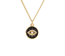 Load image into Gallery viewer, Black cubic zirconia evil eye necklace styled on model emphasizing minimalist luxury jewelry aesthetic and everyday wear elegance
