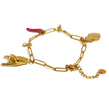 Load image into Gallery viewer, Stainless steel charm bracelet with chili hand and heart pendants displayed in clean product view
