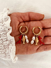 Load image into Gallery viewer, Close-up of SAMANTHA earrings featuring a gold fish charm.
