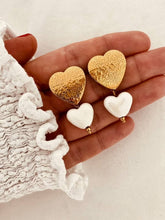 Load image into Gallery viewer, DORA gold statement earrings with textured and resin hearts
