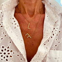 Load image into Gallery viewer, Close-up of two letter pendant showcasing minimalist gold design and custom initials
