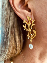 Load image into Gallery viewer, ELENA gold coral earrings with freshwater pearl styled on the ear.
