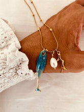 Load image into Gallery viewer, FAUZIA ocean necklace with a blue fish pendant, freshwater pearl and coral charm crafted from gold plated stainless steel.
