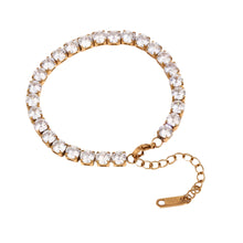 Load image into Gallery viewer, Gold AAA zircon tennis bracelet in stainless steel shown from front angle highlighting luxury sparkling jewelry design
