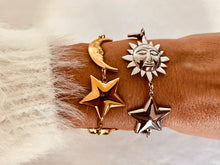 Load image into Gallery viewer, Sun star moon bracelet styled with outfit demonstrating modern everyday jewelry style
